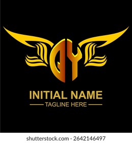 QY Golden Wing Emblem Logo with elegant gold wings, sleek and modern design. Ideal for branding, creative projects, luxury businesses, or artistic ventures.