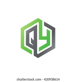 QY initial letters looping linked hexagon logo black gray green