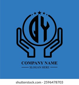 QY initials held within hands, symbolizing trust and protection. The circle represents unity, while stars highlight excellence and ambition.