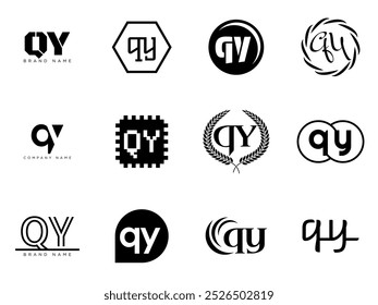 QY logo company template. Letter q and y logotype. Set different classic serif lettering and modern bold text with design elements. Initial font typography. Collection trendy business identity.