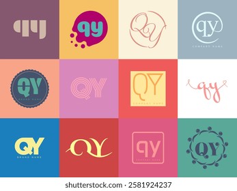 QY logo company template. Letter q and y logotype. Set different classic serif lettering and modern bold text with design elements. Initial font typography. Collection trendy business identity.