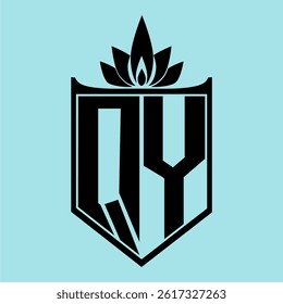 QY Logo featuring a minimalist design with a crown-like flower symbol on top, bold black elements, and a soft blue background, perfect for branding and modern visual identity.