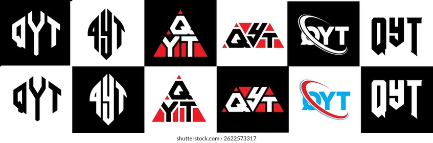QYT letter logo design in six style. QYT polygon, circle, triangle, hexagon, flat and simple style with black and white color variation letter logo set in one artboard. QYT minimalist and classic logo