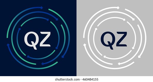 QZ design template elements in abstract background logo, design identity in circle, letters business logo icon, blue/green alphabet letters, simplicity graphics
