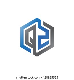 QZ initial letters looping linked hexagon logo black gray blue