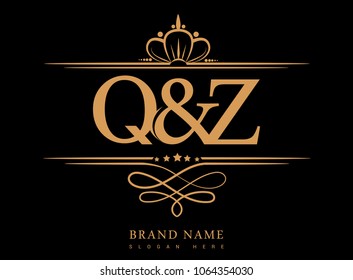Q&Z Initial logo, Ampersand initial logo gold with crown and classic pattern