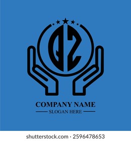 QZ initials held within hands, symbolizing trust and protection. The circle represents unity, while stars highlight excellence and ambition.
