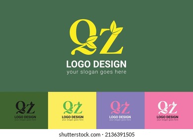 QZ letters eco logo with leaf. Vector typeface for nature posters, eco friendly emblem, vegan identity, herbal and botanical cards etc. Ecology QZ letters logo with leaf.