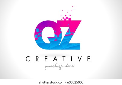 QZ Q Z Letter Logo with Broken Shattered Blue Pink Triangles Texture Design Vector Illustration.