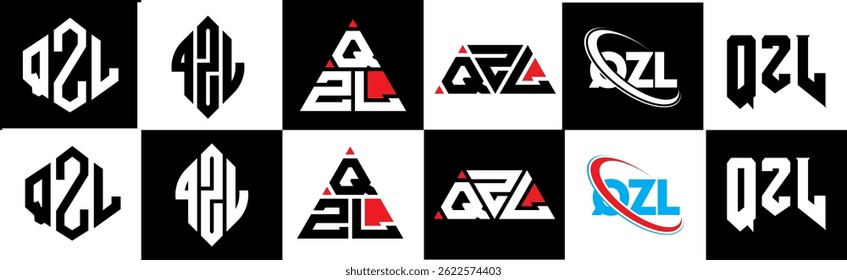 Projeto do logotipo da letra QZL no estilo seis. Polígono QZL, círculo, triângulo, hexágono, estilo simples e plano com logotipo de letra de variação de cor preto e branco definido em uma prancheta. Logotipo minimalista e clássico de QZL