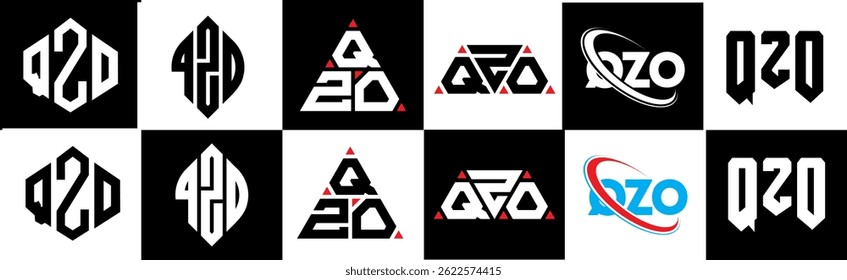 QZO letter logo design in six style. QZO polygon, circle, triangle, hexagon, flat and simple style with black and white color variation letter logo set in one artboard. QZO minimalist and classic logo