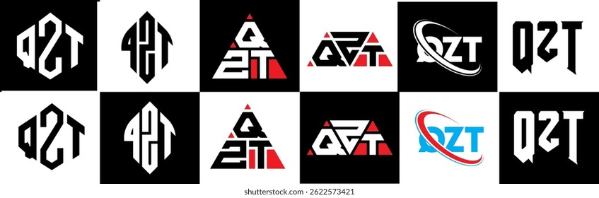 Projeto do logotipo da letra QZT no estilo seis. Polígono QZT, círculo, triângulo, hexágono, estilo simples e plano com logotipo de letra de variação de cor preto e branco definido em uma prancheta. Logotipo minimalista e clássico QZT