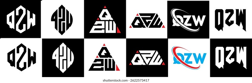 QZW letter logo design in six style. QZW polygon, circle, triangle, hexagon, flat and simple style with black and white color variation letter logo set in one artboard. QZW minimalist and classic logo