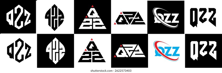 QZZ letter logo design in six style. QZZ polygon, circle, triangle, hexagon, flat and simple style with black and white color variation letter logo set in one artboard. QZZ minimalist and classic logo