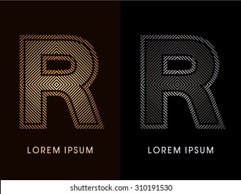 R ,abstract luxury font, Designed using gold and black line square, geometric shape, graphic vector. 