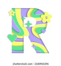 R Alphabet Abstract Paper Lively Flower Heart Sparkle Shine Yellow Green Violet Lilac Purple Mountain Geography Contour Map 3D Layer Line Cutout Card Web Banner