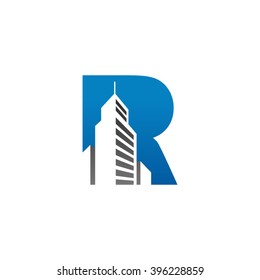R alphabet building negative space letter logo blue