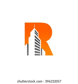 R alphabet building negative space letter logo orange