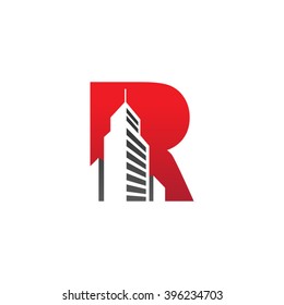 R alphabet building negative space letter logo red