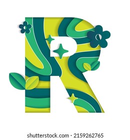 R Alphabet Character Environmental Eco Environment Day Leaf Font Letter Cartoon Style Abstract Paper Sparkle Shine Green Mountain Geography Contour Map 3D Paper Layer Cutout Card Vector Illustration