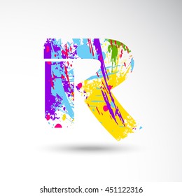 R Alphabet with colors splash style on grungy vector illustration
