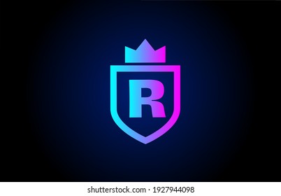 R alphabet letter logo icon for business. Company design with king crown and shield in gradient color for corporate identity