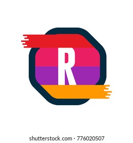 R Alphabet letter logo. Retro colorful logotype vector design template in white background