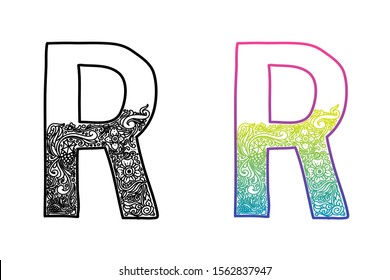 R alphabet letters. Hand drawing ornaments of Nature theme. Best for cosmetic and organic or luxury vintage products. Two styles with black and color gradients, separate layers vector illustration.