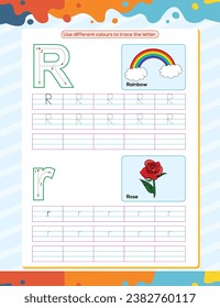 R alphabet tracing practice worksheet. Educational coloring book page with outline vector illustration for preschool
