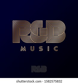 R & B Music logo. R and B monogram. Rhythm & Blues Music emblem. Letters consist of gold strips, isolated on a black backgrounds. 