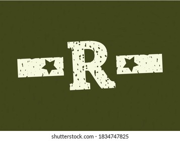 R badge letter Military, Army design with star on camouflage background. Grungy font vector illustration