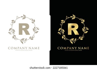R Beauty vector initial logo, Golden floral letters with flowers leaves and gold splatters isolated on white background. Vector illustration for wedding, greeting cards, invitations template design
