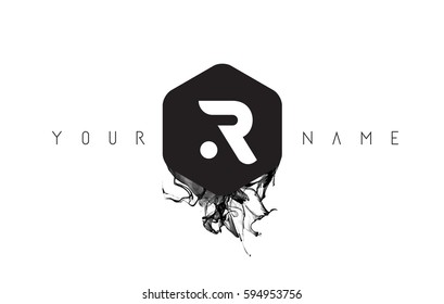 R Black Ink Letter Logo Design with Rounded Hexagon Vector. 