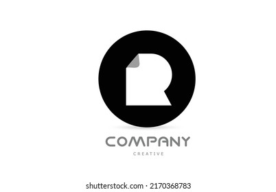 R black and white geometric alphabet letter logo icon design with folded corner. Template design for business or company with circle. Vector element for identity. Logotype or emblem