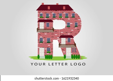 R building letter vector illustration.  House letter with windows, balcony, doors, roof, bricks, chimneys and flowers for logo, label, cover, brochure, card, real estate agency or web page design.