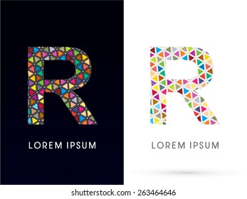 R ,Colorful font, concept mosaic pattern,designed using colors triangle geometric shape. on dark and white background, sign ,logo, symbol, icon, graphic, vector.