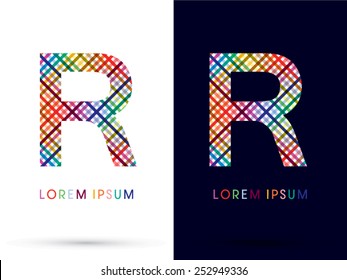 R ,colorful font ,designed using colors line on white and black background, concept wicker,basket ,woven, ribbons,happy,fun,fantasy,logo, symbol, icon, graphic, vector.