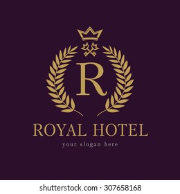 R company logo. Luxurious hotel. Coat of arms, gold colored round royalty classic symbol template. Decorative traditional branch of grapes in circle, keys and crown. Framed of palms branches icon.