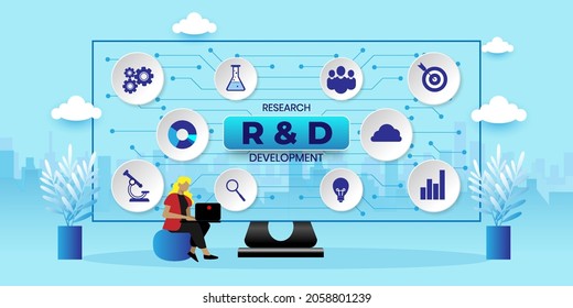 R and D : Research and development, Research and development concept With icons. Cartoon Vector People Illustration