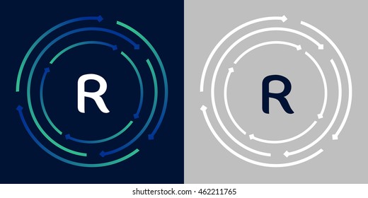 R design template elements in abstract background logo, design identity in circle, letters business logo icon, blue/green alphabet letters, simplicity graphics