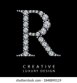 R diamond letter vector illustration. White gem symbol logo for your luxury business, casino, jewelry or web site. Upper letter with many sparkling diamonds isolated on black background.
