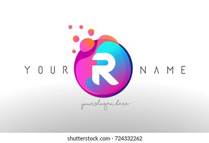 R Dots Letter Logo With Bubbles. A Letter Design Vector with Vibtant Blue Orange Magenta Colors Particles Shapes.