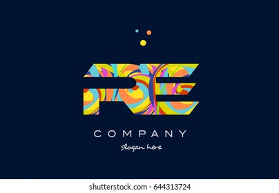 re r e alphabet letter logo colors colorful rainbow acrylic font creative text dots company vector icon design template