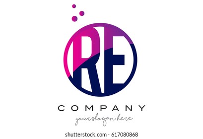 RE R E Circle Letter Logo Design with Purple Magenta Dots Bubbles Vector Illustration