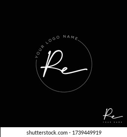R E RE Initial letter handwriting and signature logo.	