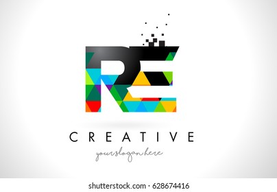 RE R E Letter Logo with Colorful Vivid Triangles Texture Design Vector Illustration.