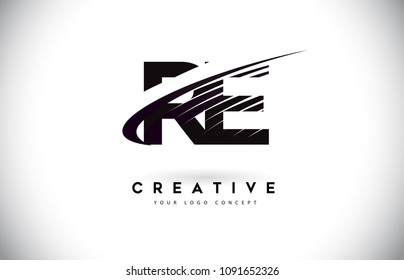 RE R E Letter Logo Design with Swoosh and Black Lines. Modern Creative zebra lines Letters Vector Logo