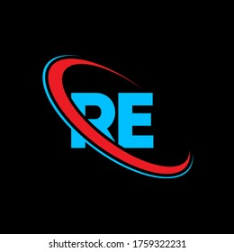 Diseño del logo de la carta RE R E. Letra inicial RE enlazado círculo mayúscula logotipo monograma rojo y azul. Logotipo RE, diseño R E. re, r e