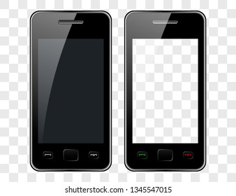 R ealistic black smartphone with glare on the screen on an isolated background. The layout of the phone with 
empty on  
screen. Isolated Vector Illustration
