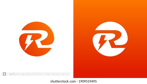 R electric logo design with spark and voltage element, circle r initial logo.vector